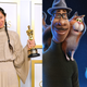 Chloe Zhao double fisting her two new Oscar statuettes, the characters of Soul.